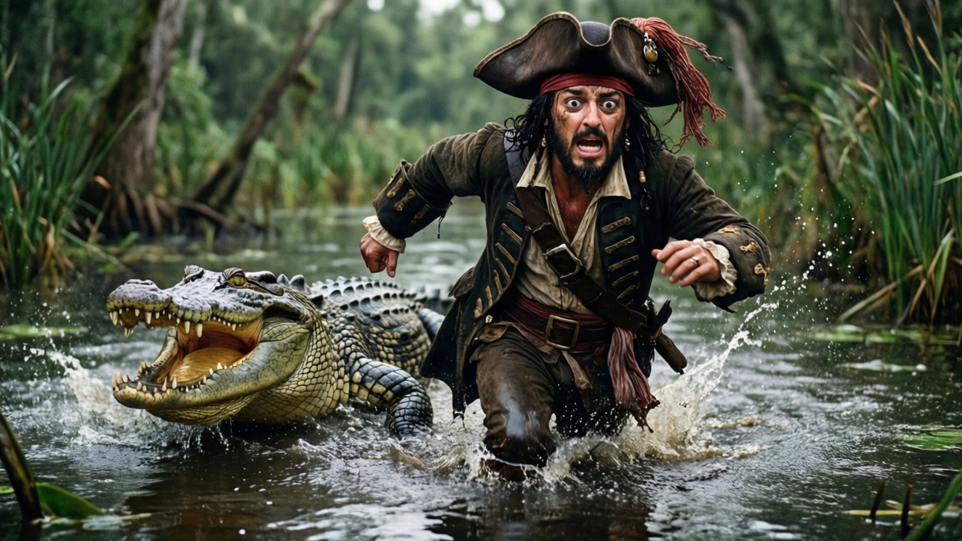 Crocodile Chase 壁紙 — 一個戴三角帽的驚恐海盜在泥濘的沼澤水中奔跑，一隻大鱷魚張開大嘴撲來。