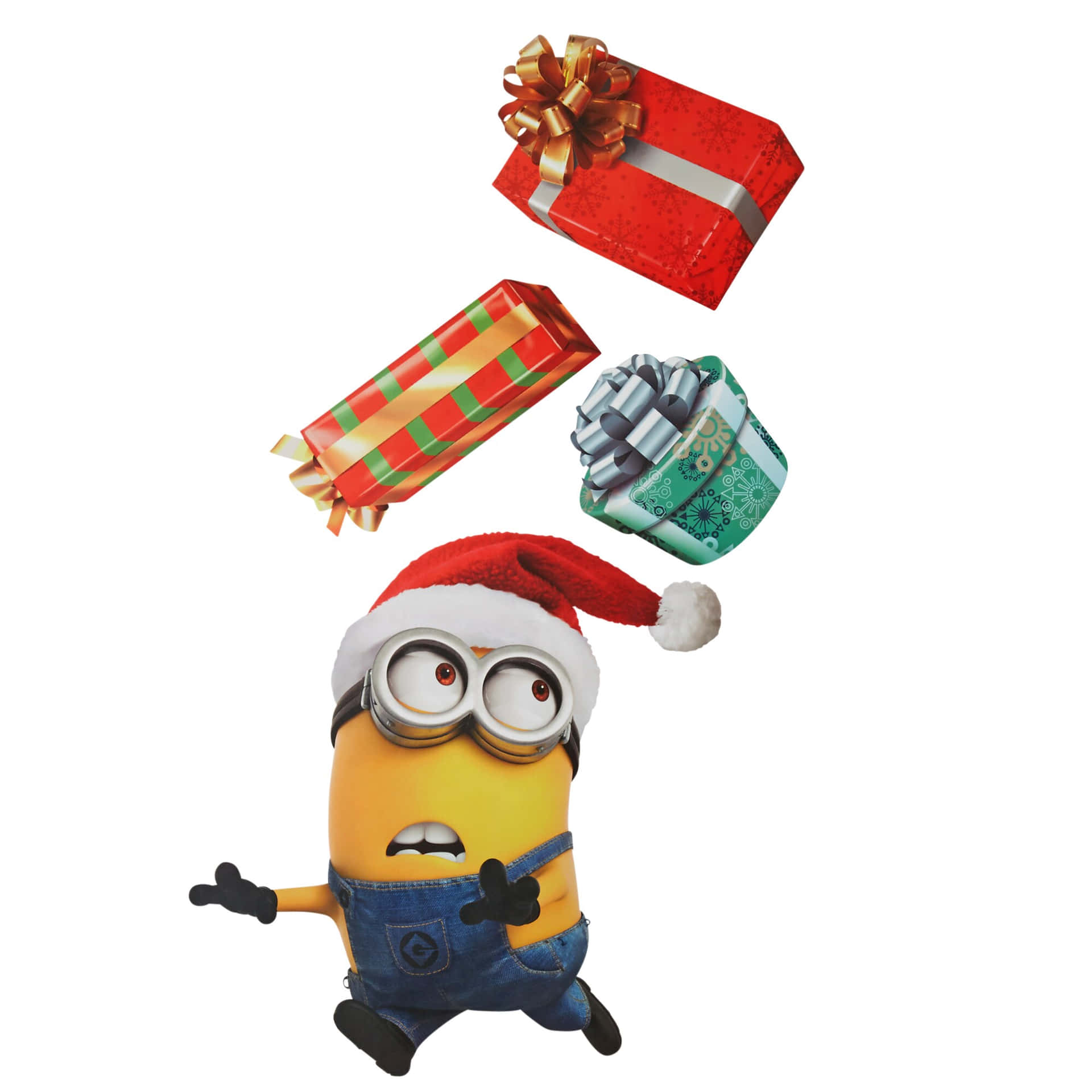  壁紙 — 一個戴聖誕帽的黃色Minion快樂地跳躍，三個色彩繽紛的聖誕禮物在它周圍漂浮。
