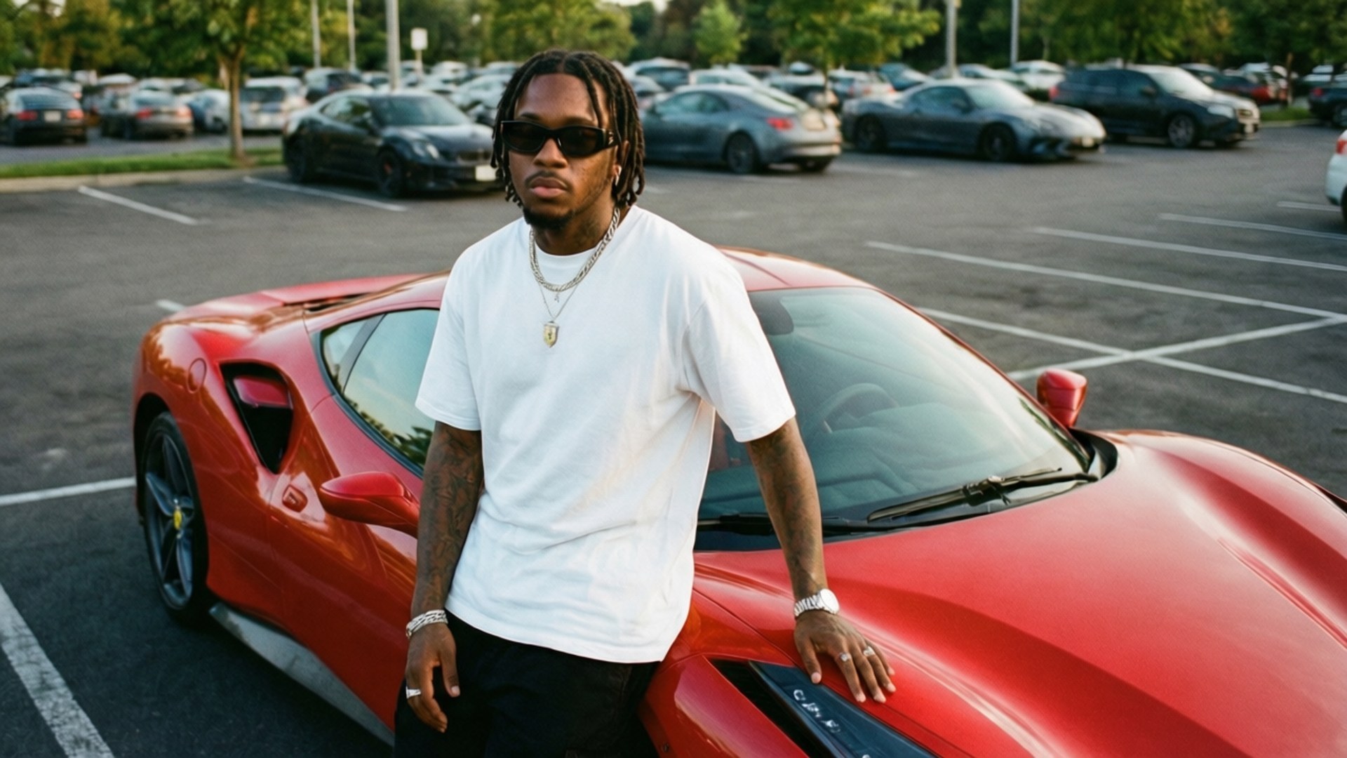 Ferrari Dream 壁紙 — 一個戴著太陽眼鏡、身穿白色T恤的男人，在陽光明媚的停車場自信地靠在一輛閃亮的紅色法拉利上。