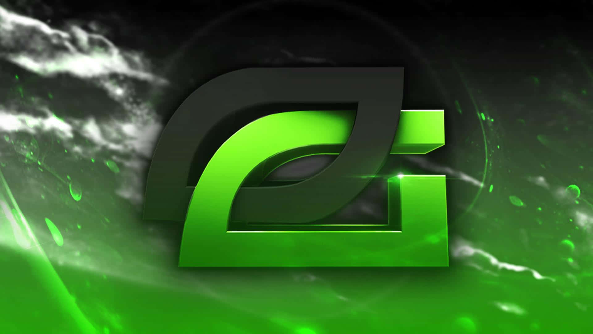 Optic Gaming 桌布 壁紙 — 一個帶有暗邊的發光綠色風格標誌從帶有光條的旋轉綠色和黑色宇宙背景中浮現。