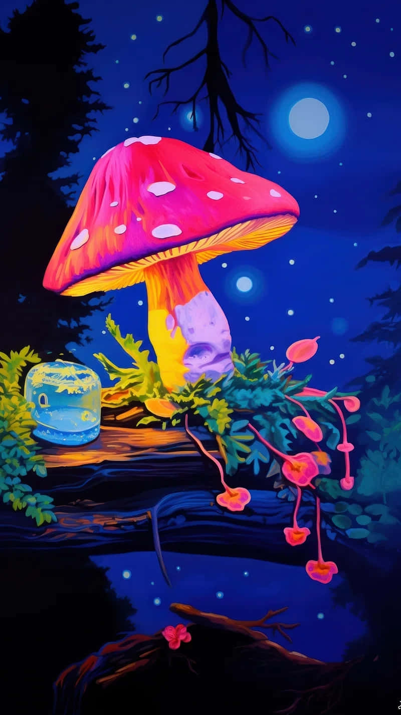  壁紙 — 一個帶有白色斑點的巨型發光粉紅色蘑菇，在滿月星空下生長在一個發光的藍色罐子旁邊。