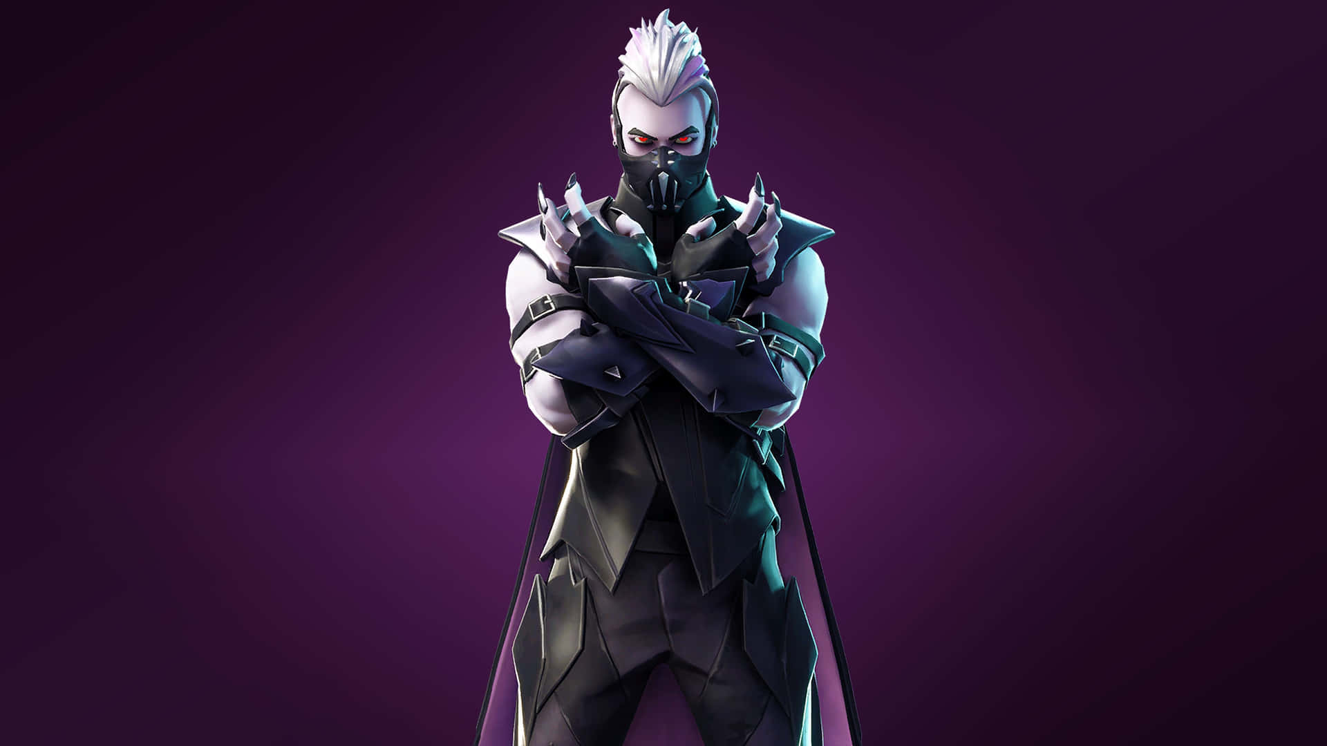 白色頭髮和發光眼睛的Fortnite角色，身穿深色盔甲。 — Fortnite 壁紙