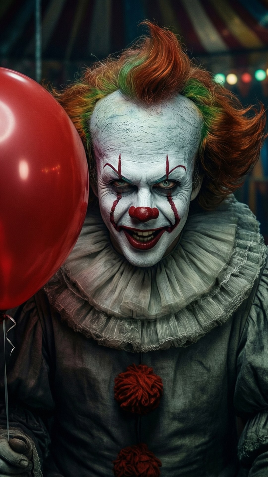 Clown of the House 壁紙 — 一個帶有白色臉、紅色嘴唇和綠色尖頭髮的威脅性小丑，在馬戲團帳篷背景下拿著一個紅色氣球。