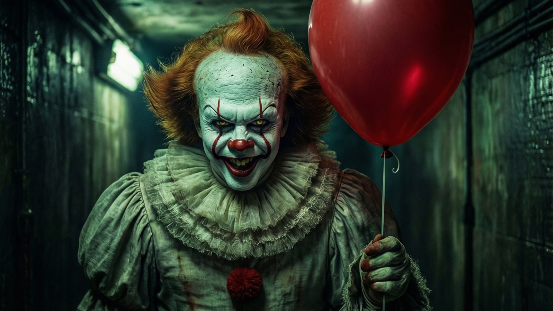 Sewer Clown Portrait 壁紙 — 一個帶有蒼白妝容和紅髮的威脅性小丑在昏暗的走廊裡拿著一個紅色氣球。