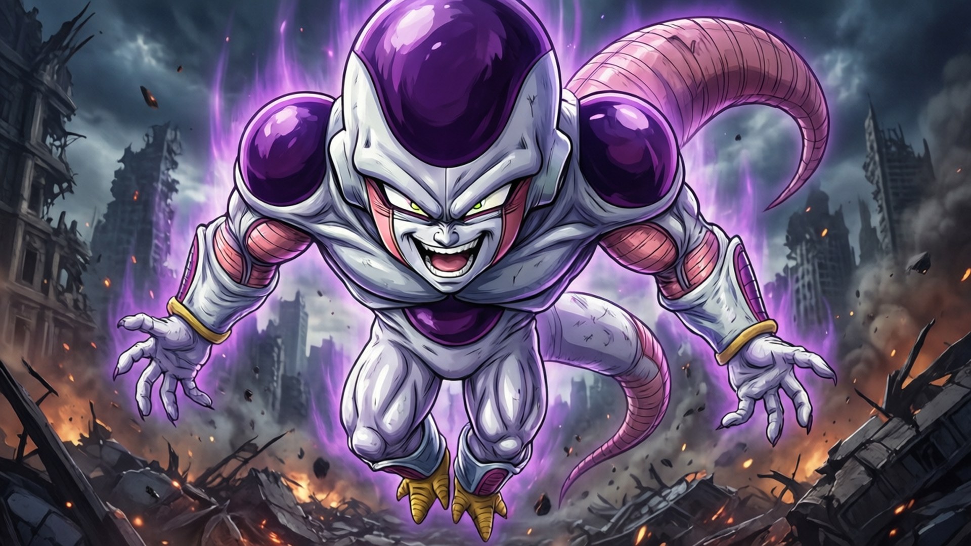 Frieza's Triumph 壁紙 — 一個帶有長尾巴的紫色和白色裝甲戰士，威脅性地懸浮在燃燒的廢墟城市上空。