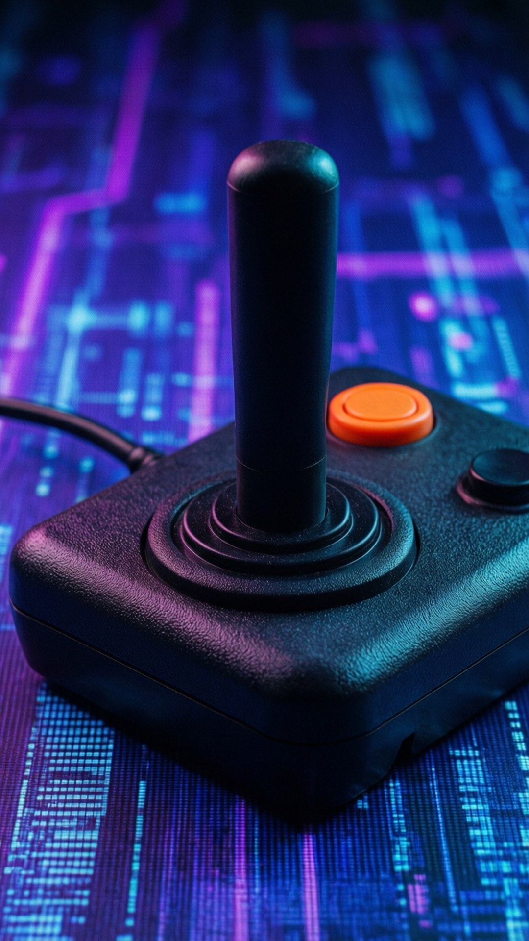 atari 桌布 壁紙 — 一個帶有橙色按鈕的復古黑色操縱桿，放置在發光的藍色和紫色電路板背景上。