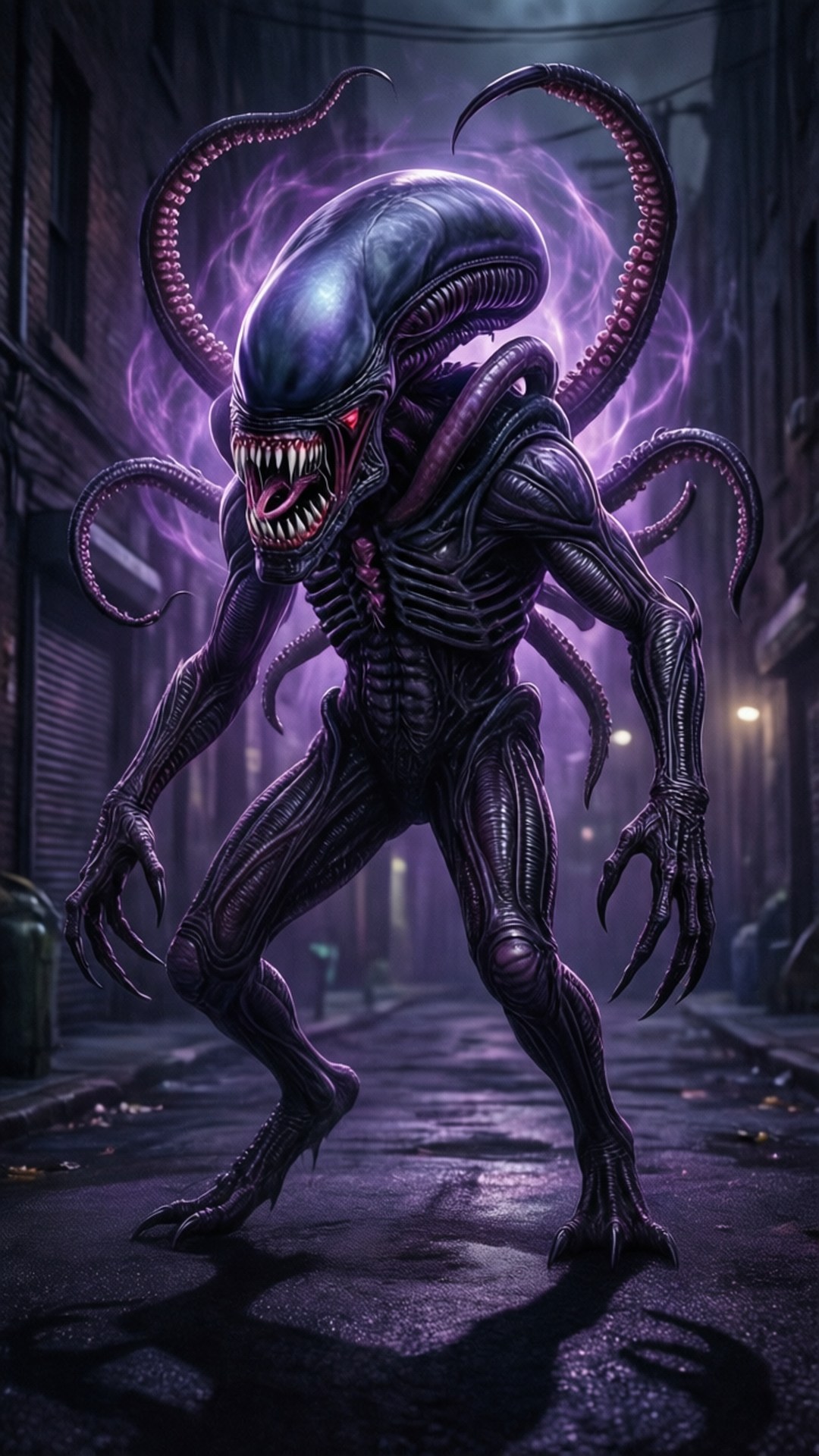 Mind Flayer in the Shadows 壁紙 — 一個帶有多條觸手和發光紅眼的威脅性紫色外星人站在黑暗的城市小巷中。