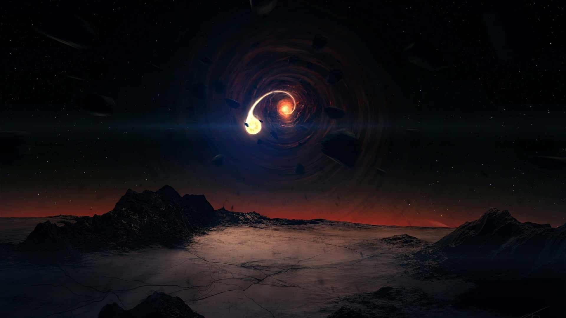  壁紙 — 一個帶有發光橙色和白色核心的宇宙蟲洞懸浮在星空下積雪的山脈之上。