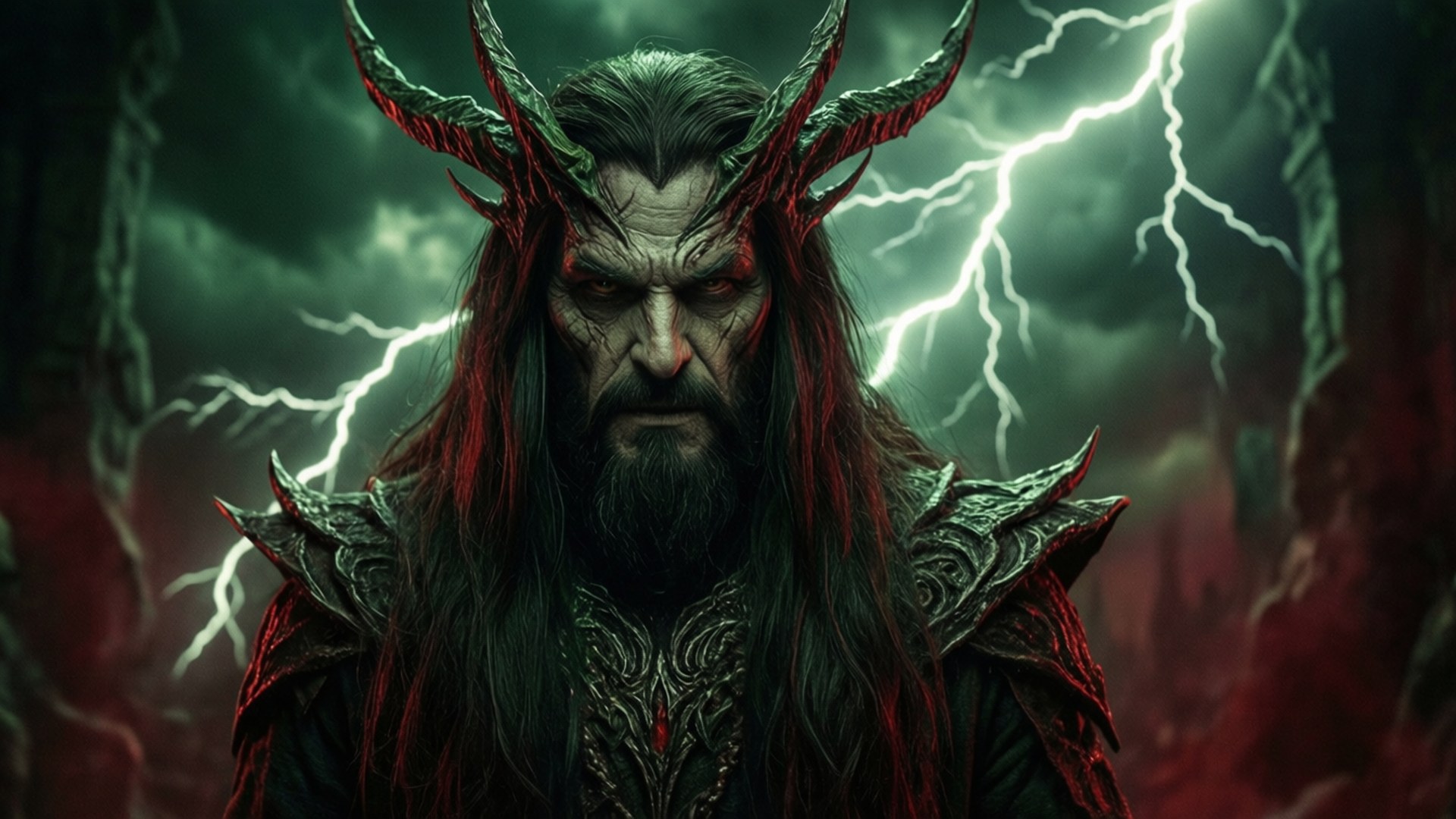 Vecna in the Storm 壁紙 — 一個帶有發光紅眼的可怕有角惡魔，站在暴風雨的森林中，閃電在他周圍劈下。