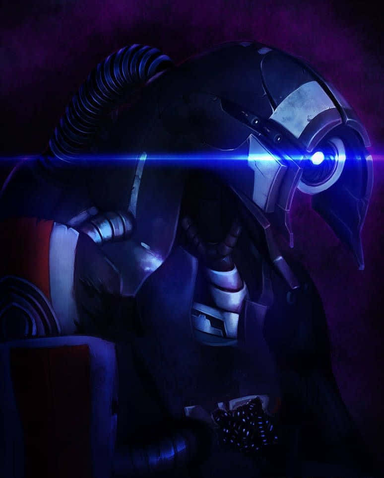 Mass Effect Legion 桌布 壁紙 — 一個帶有發光藍色眼睛的威脅性裝甲機器人，在深紫色背景上投射出雷射光束。