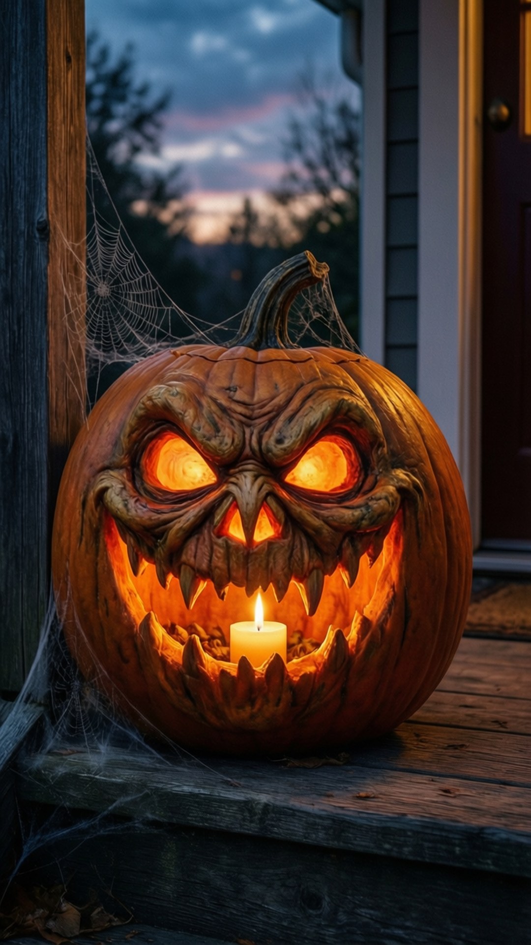 Glowing Jack-O'-Lantern 壁紙 — 一個帶有發光眼睛和鋸齒狀牙齒的可怕雕刻南瓜，在黃昏時坐在門廊台階上，由內部閃爍的蠟燭照亮。
