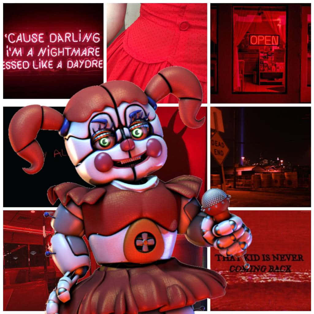  壁紙 — 一個帶有發光眼睛和手持玩偶的威脅性電子動畫小丑，周圍環繞著紅色燈光的恐怖場景和不祥的文字。