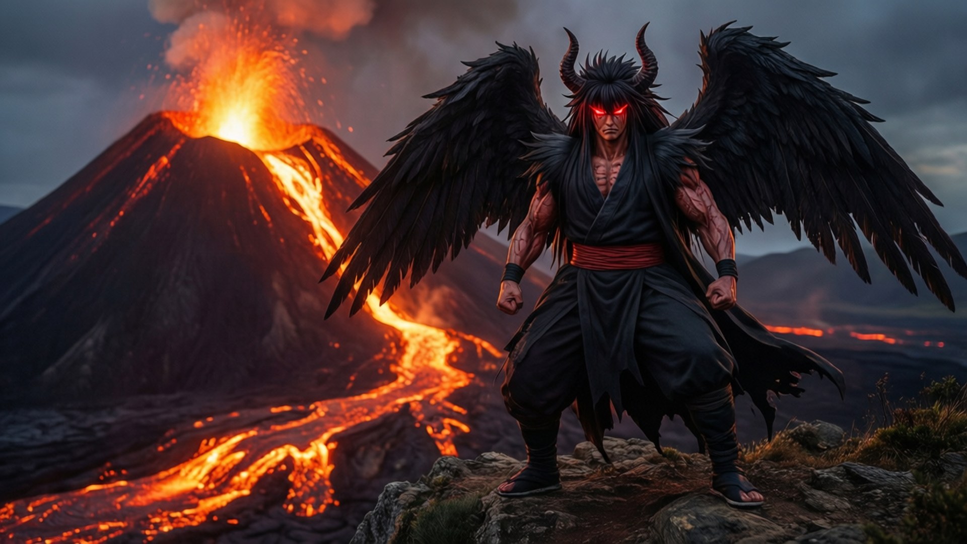 風間仁 桌布 壁紙 — 一個帶有黑色翅膀和角的惡魔般的人物站在火山懸崖上，熔岩在黑暗的天空下流淌。