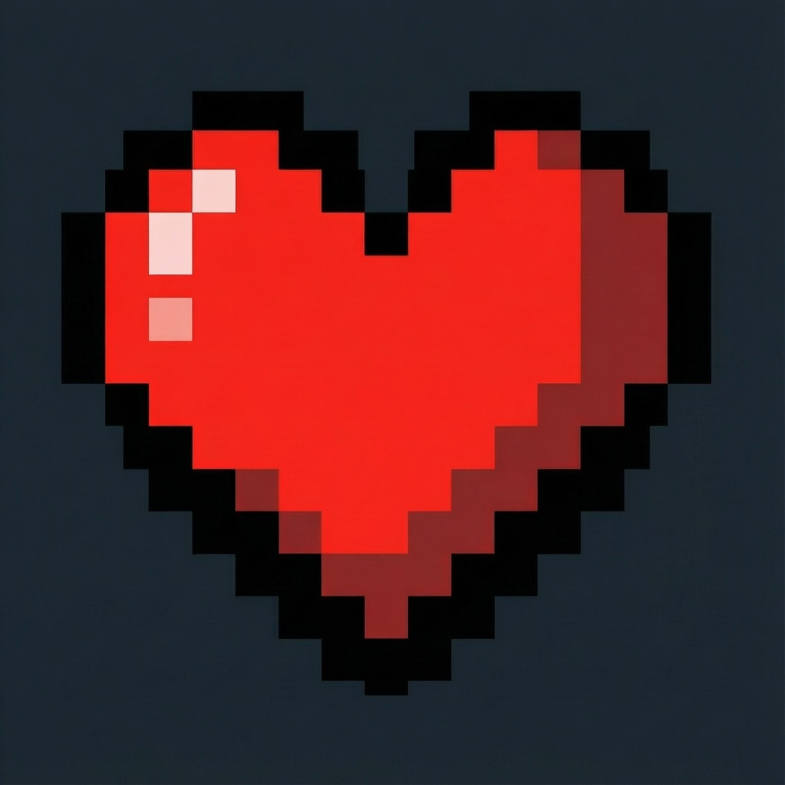 Pixel Heart 壁紙 — 一個帶有黑色輪廓和微妙陰影的鮮紅色像素心形，在深灰色背景上發光。