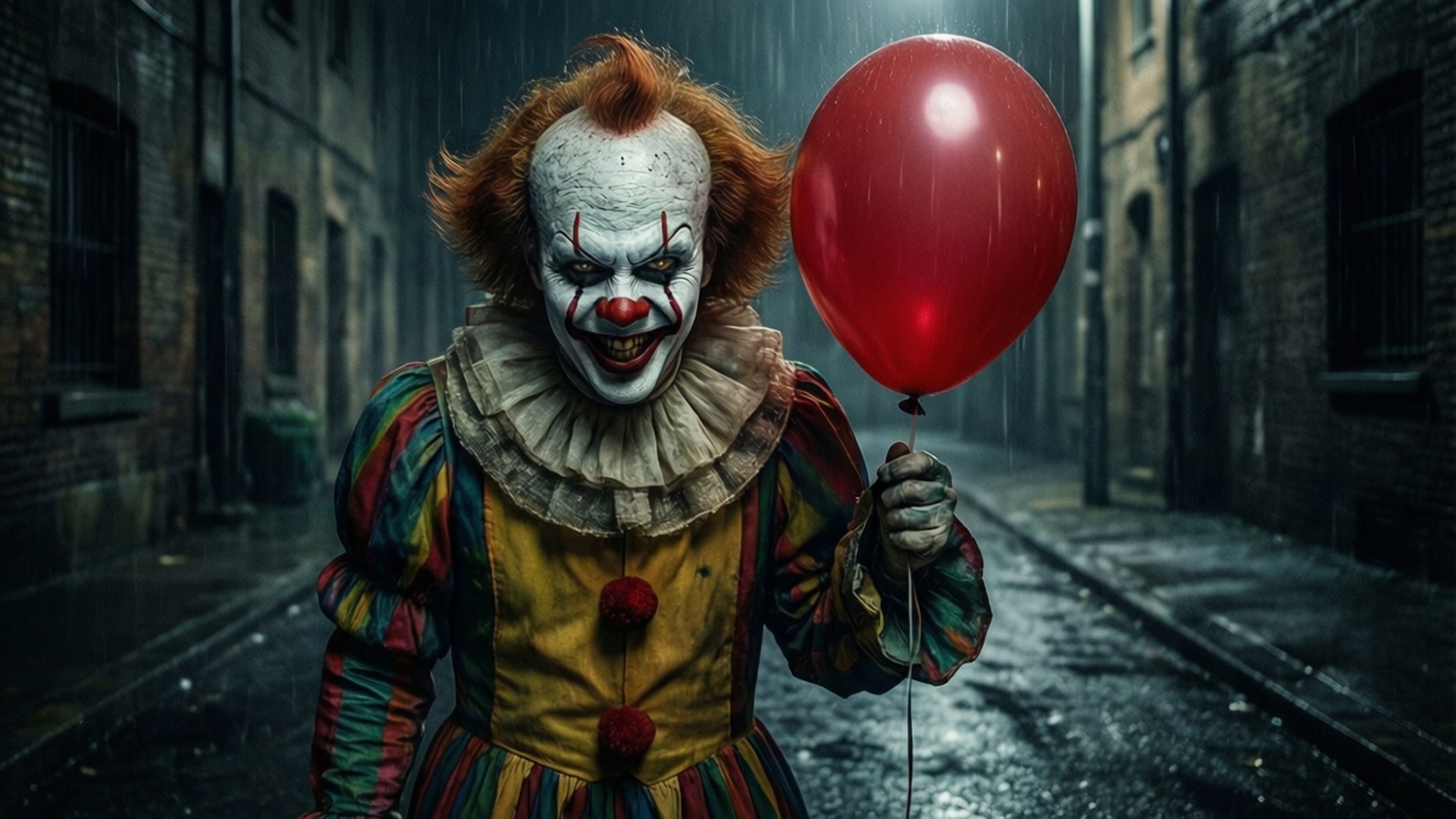 Creepy Clown Balloon 壁紙 — 一個帶有紅髮和白臉妝容的可怕小丑，在磚砌建築之間的雨濕小巷中拿著一個紅色氣球。