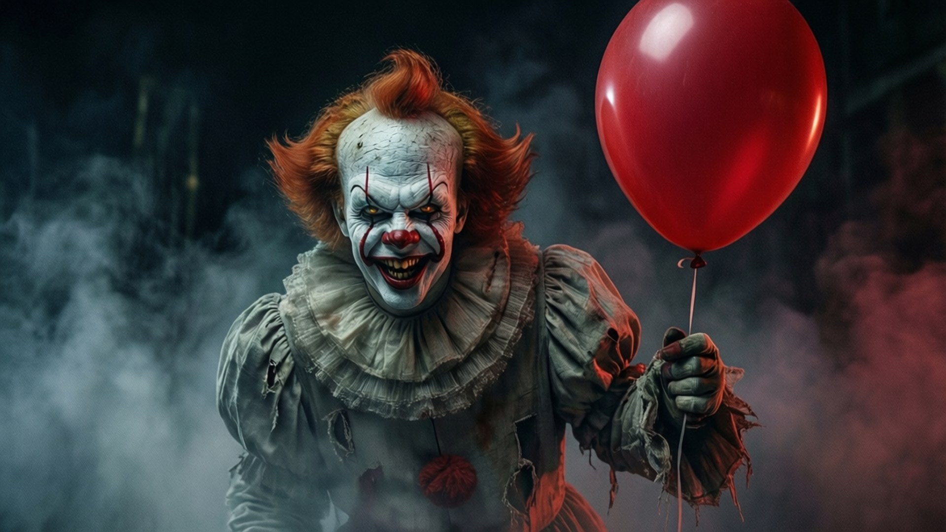 Creepy Clown with Balloon 壁紙 — 一個帶有紅髮和白臉妝容的威脅性小丑，在煙霧瀰漫的黑暗背景中拿著一個紅色氣球。