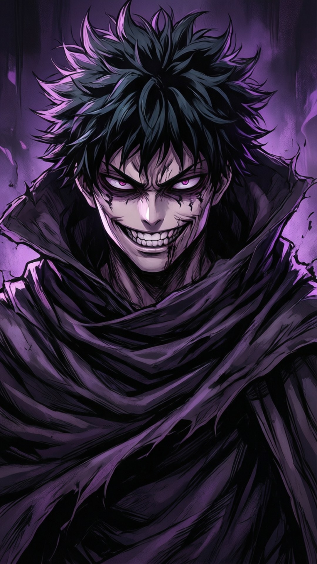 Villainous Smirk 壁紙 — 一個帶有尖刺黑髮和發光紫色眼睛的威脅性動漫角色，在破爛的紫色斗篷下邪惡地微笑。