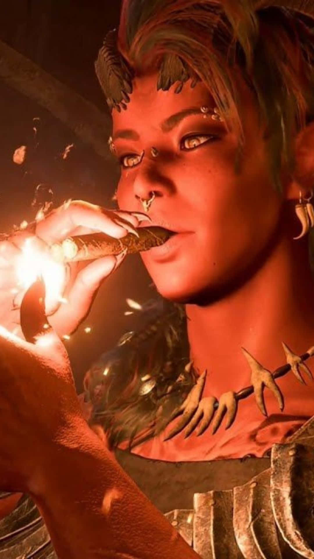  壁紙 — 一個帶有角和部落珠寶的兇猛奇幻戰士，在昏暗的火光場景中點燃雪茄。