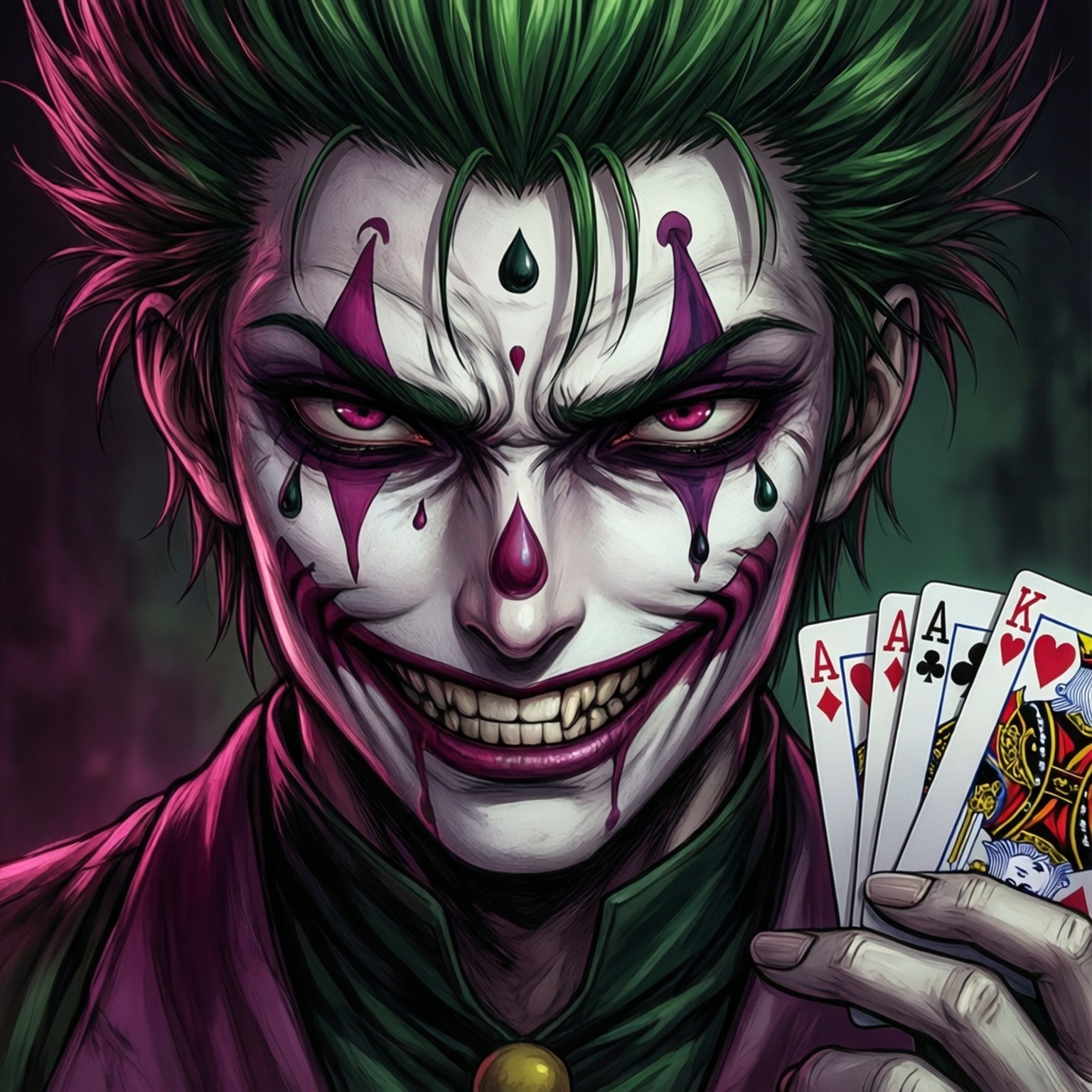 Hisoka Creepy Smirk 壁紙 — 一個帶有綠色頭髮和紫色化妝的威脅性小丑在黑暗環境中持有四張A和紅心K。
