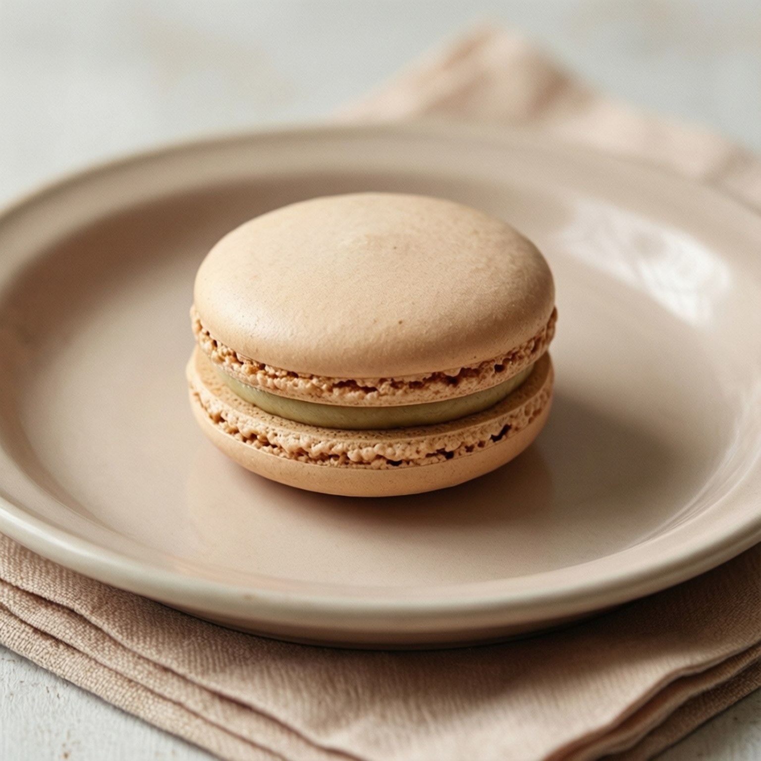 Beige Macaron Dessert 壁紙 — 一個帶有綠色餡料的米色馬卡龍，放在相配的米色盤子上，盤子置於摺疊的亞麻餐巾上。