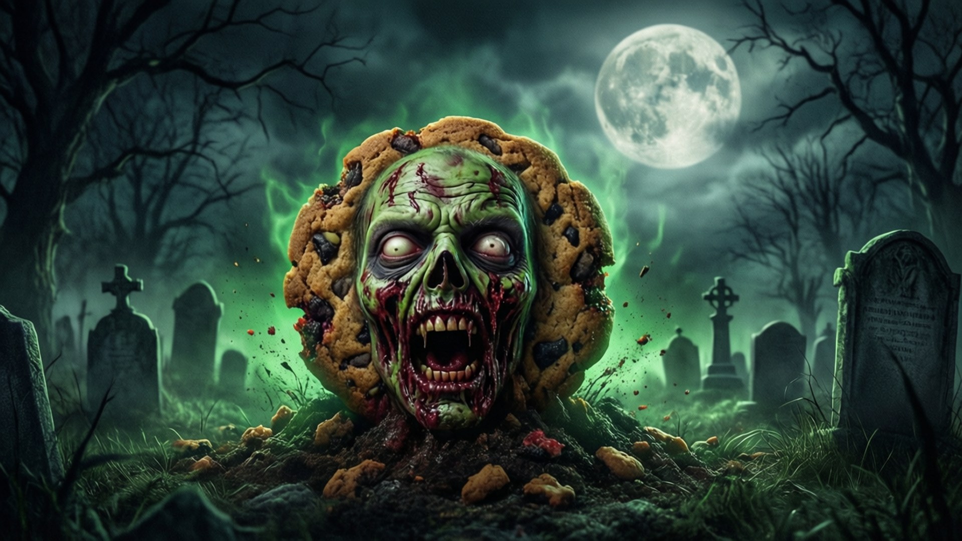 Night of the Living Cookie 壁紙 — 一個帶有巧克力碎的殭屍餅乾在滿月下的墓地從地面爆出。