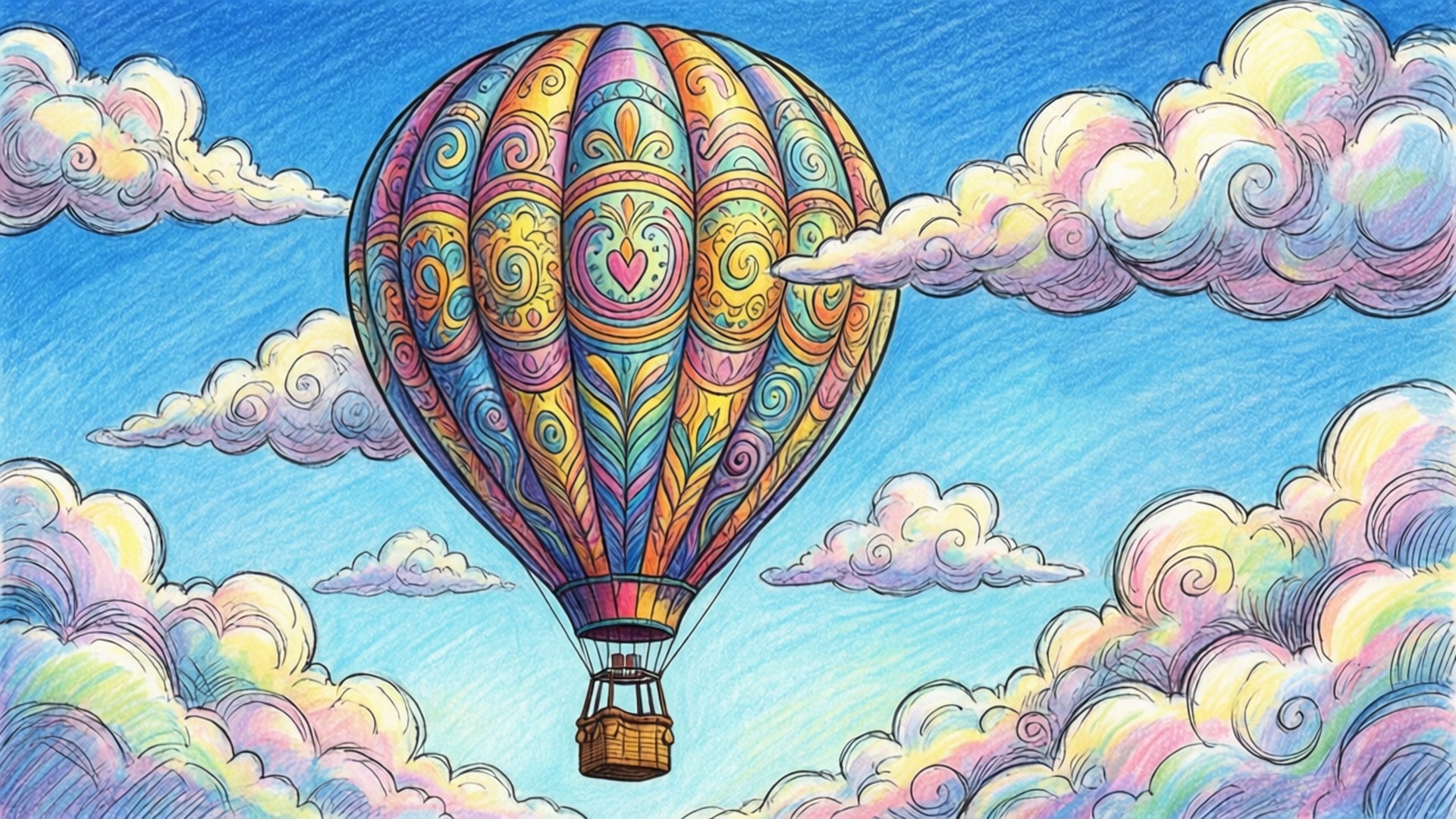 Dreamy Doodle Balloon 壁紙 — 一個帶有旋轉佩斯利圖案的鮮豔圖案熱氣球飄浮在充滿粉彩雲的天空中。
