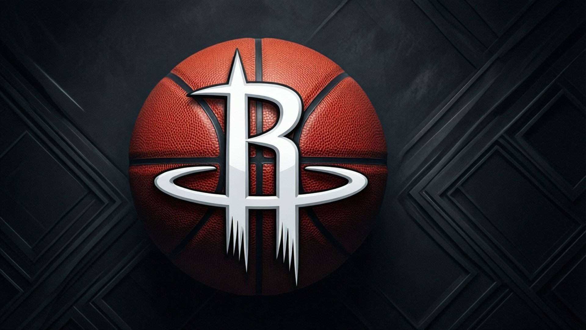 Classic Rocket Logo 壁紙 — 一個帶有銀色休士頓火箭標誌的光澤橙色籃球，居中放置在深色紋理幾何背景上。