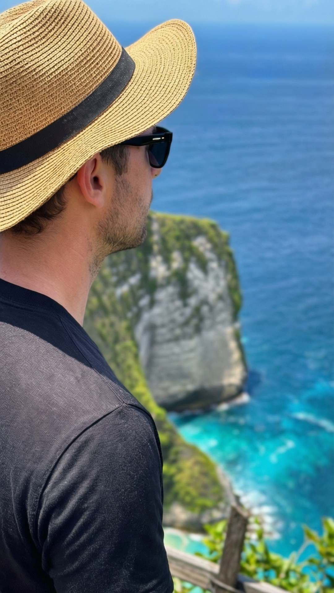 Cliffside Ocean Gaze 壁紙 — 一個戴著草帽和太陽眼鏡的男人凝視著下方鬱鬱蔥蔥懸崖下的碧綠海洋。