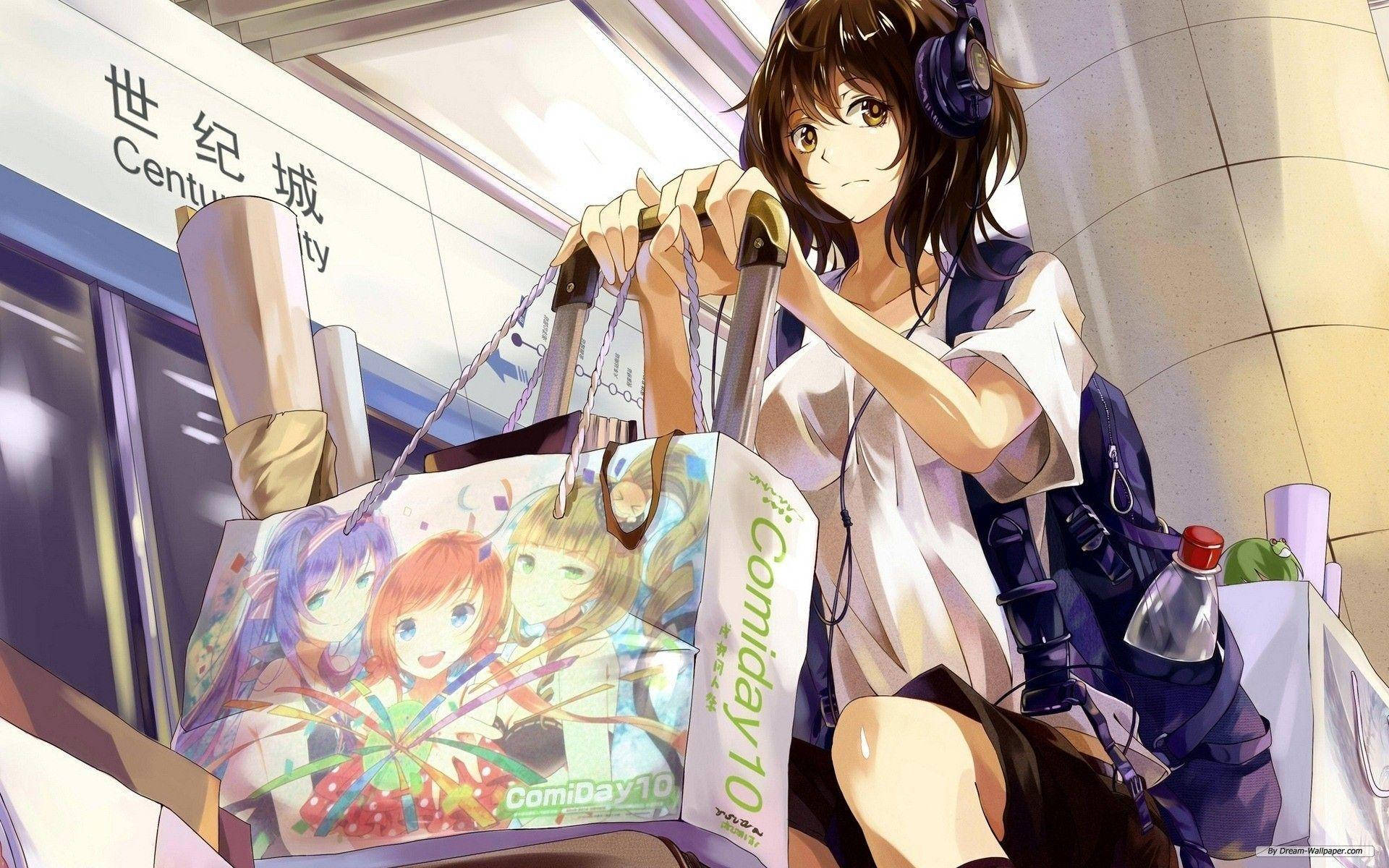 戴著耳機的動漫女孩在地鐵站拖著一個ComiDay 10購物袋。