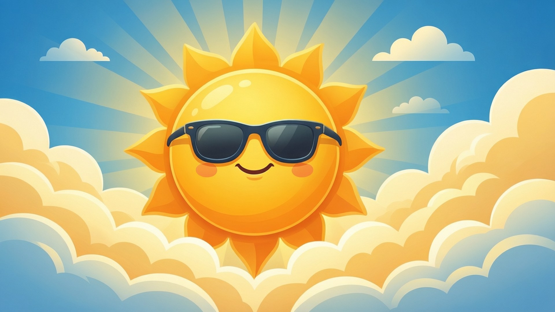 Smiling Sunglasses Sun 壁紙 — 一個戴著黑色太陽眼鏡的快樂卡通太陽，在明亮的藍天下從蓬鬆的雲朵後面微笑。
