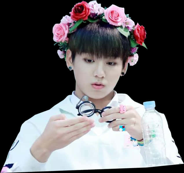 戴著花冠的人拿著護目鏡和水瓶。 — Bts 壁紙