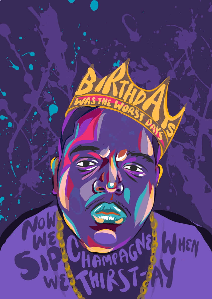  壁紙 — 一個戴著皇冠的男人在紫色潑濺背景上閱讀生日是最糟糕的日子的鮮明風格化肖像。