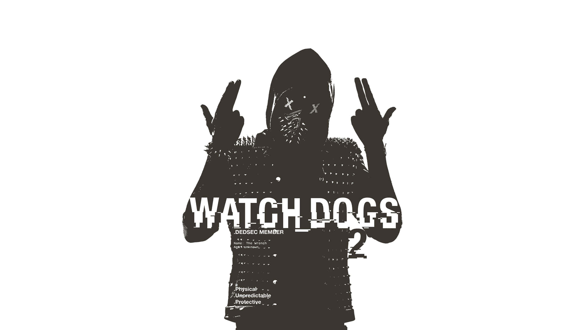  壁紙 — 一個戴著連帽衫的Watch Dogs 2角色，臉上帶有X標記和平手勢，黑色剪影，白色背景。