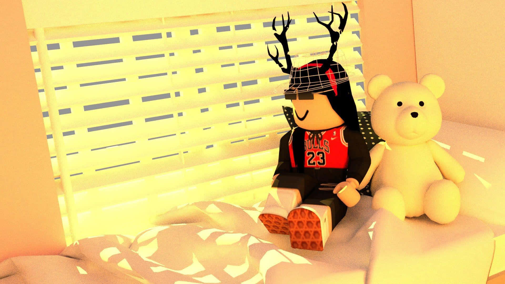  壁紙 — 一個戴著鹿角和太陽眼鏡的Roblox虛擬角色坐在床上，旁邊有一隻泰迪熊，溫暖的窗光照耀著。