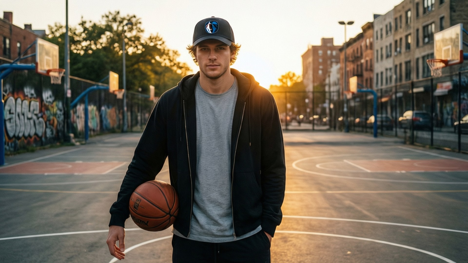 Street Baller 壁紙 — 一個戴著帽子和連帽衫的年輕人在城市球場上拿著籃球，金色的夕陽灑在塗鴉覆蓋的背景上。