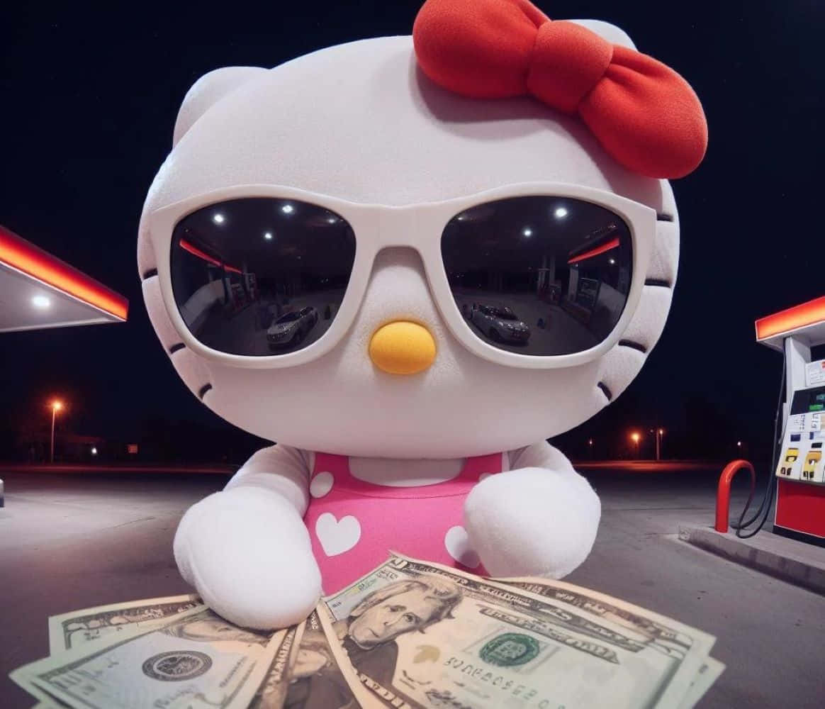  壁紙 — 一個戴著太陽眼鏡和粉紅色圍裙的巨大Hello Kitty吉祥物在夜晚的加油站坐著，手持現金。