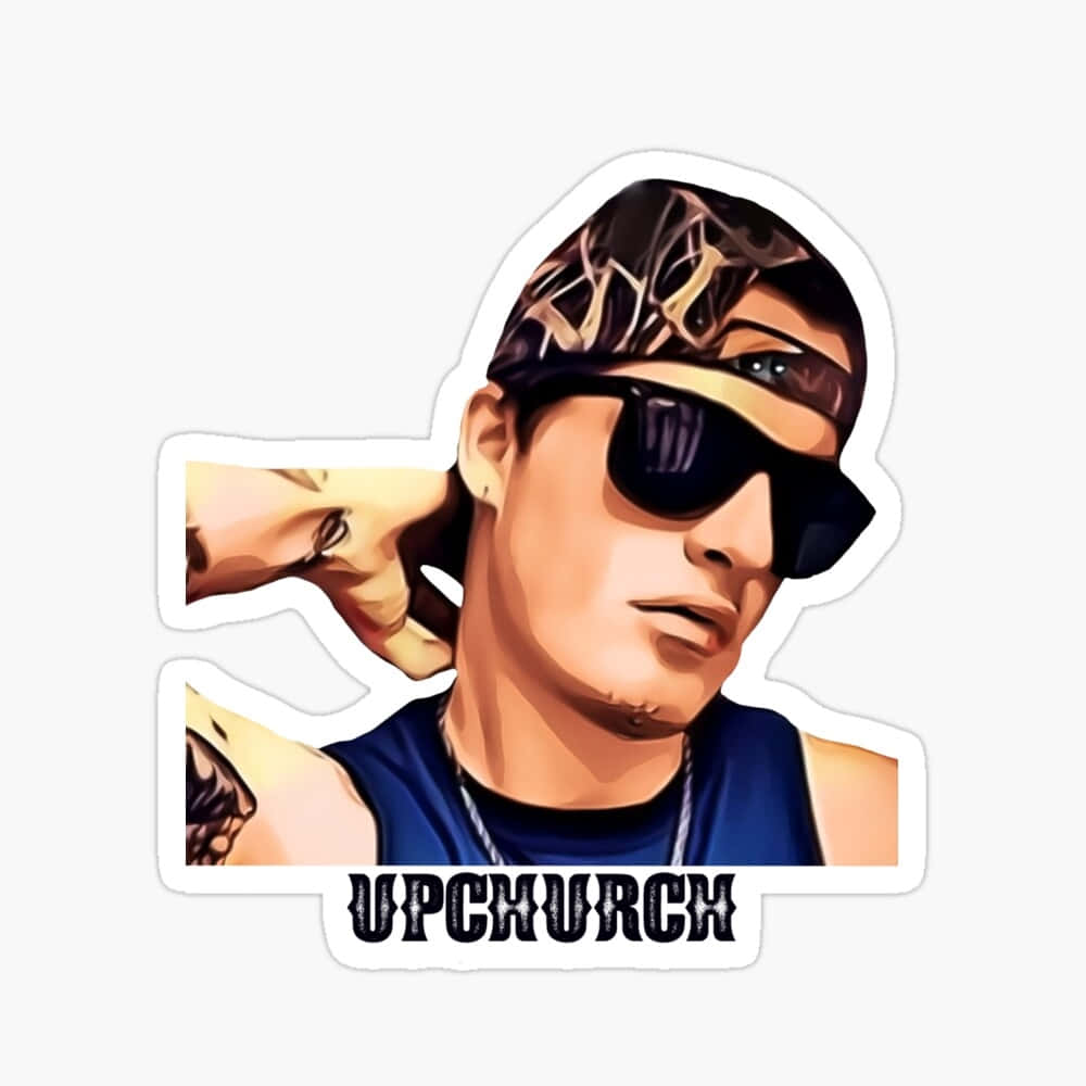  壁紙 — 一個戴著圖案帽子和太陽眼鏡、手臂有刺青、下方有「UPCHURCH」文字的男性風格化插圖。