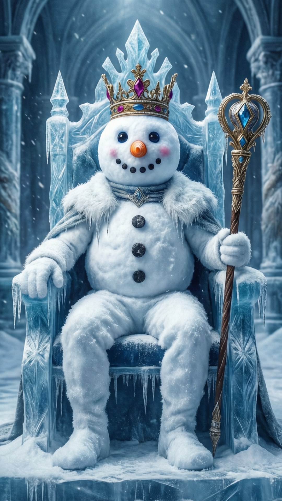 Snowman King 壁紙 — 一個戴著珠寶皇冠的威嚴雪人坐在冰王座上，在冰凍的大教堂中手持權杖。