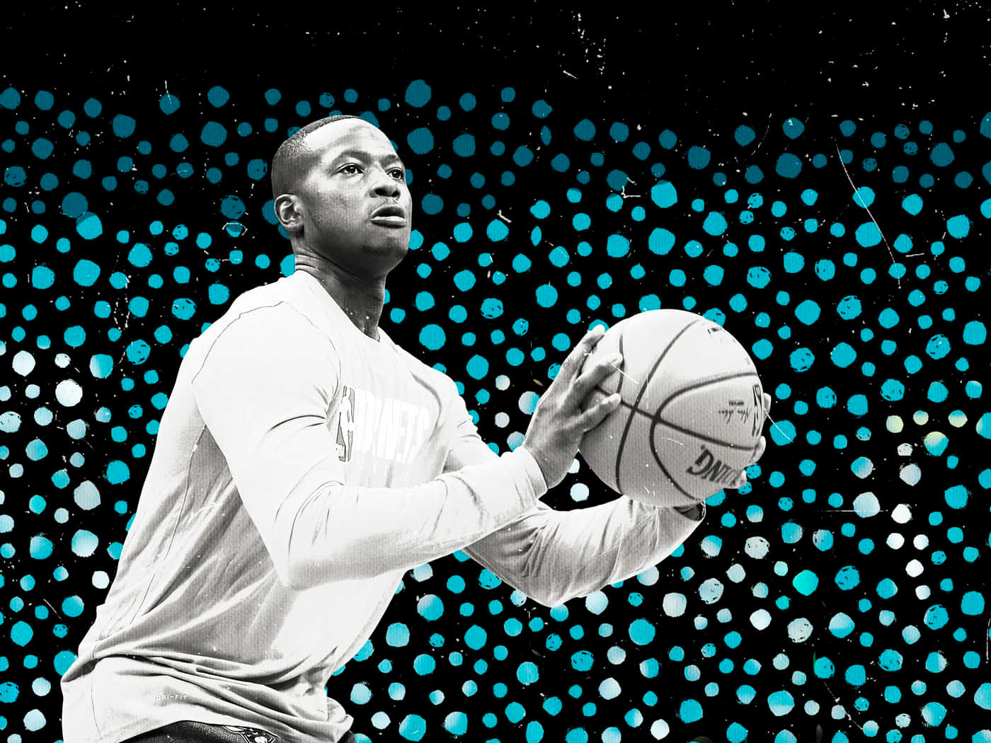 單色籃球運動員在斑點青綠色背景前拿著球 — NBA 壁紙