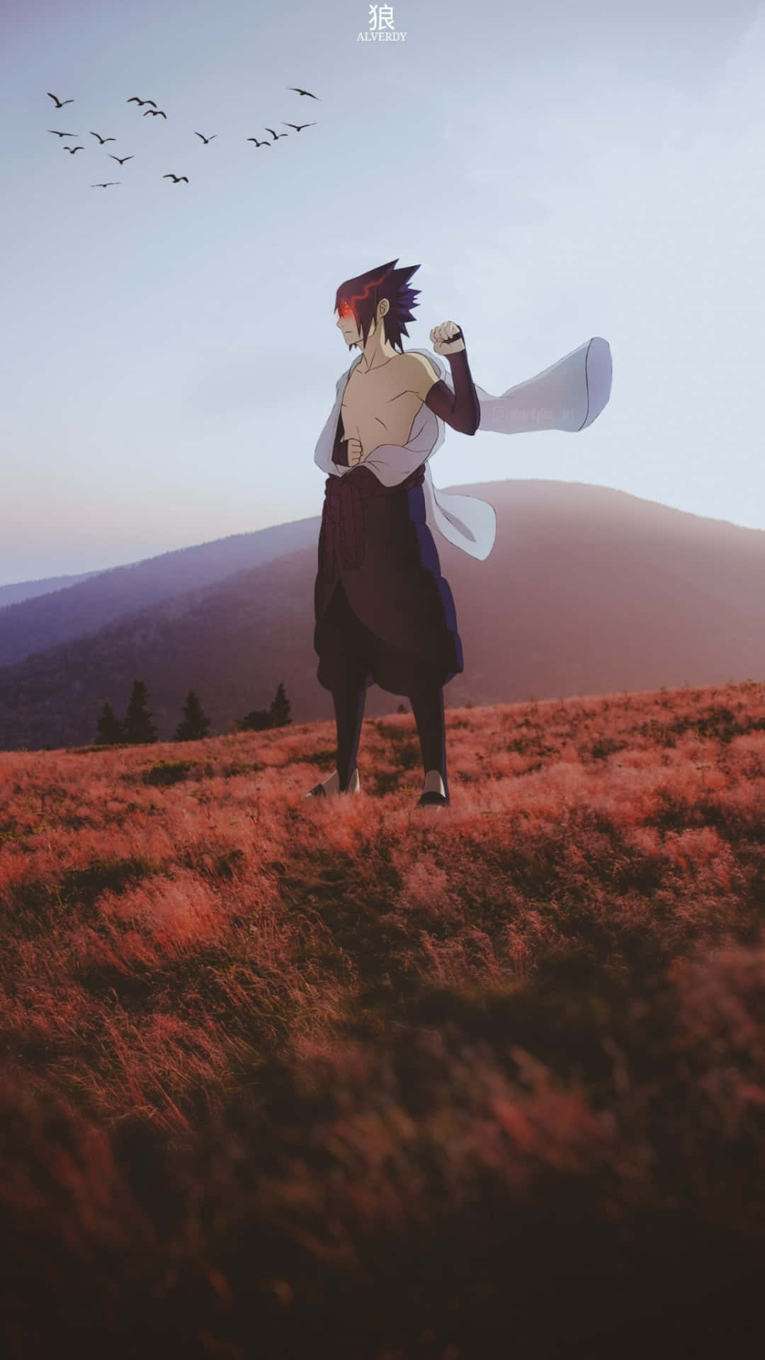  壁紙 — 一個動漫角色獨自站在紅草地中，遠處有山脈和鳥兒，夕陽西下。