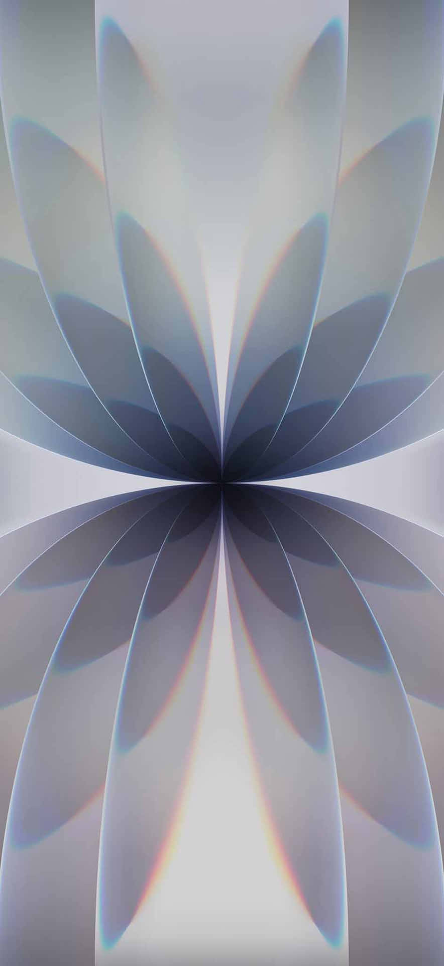  壁紙 — 一個對稱的抽象圖案，由層疊的半透明花瓣從中心點向外輻射，帶有柔和虹彩色調。