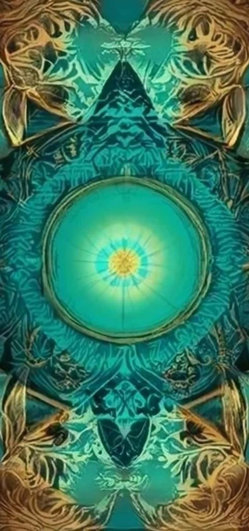  壁紙 — 一個對稱的曼陀羅，帶有發光的青綠色中心和金色裝飾圖案，以複雜的分形設計向外輻射。
