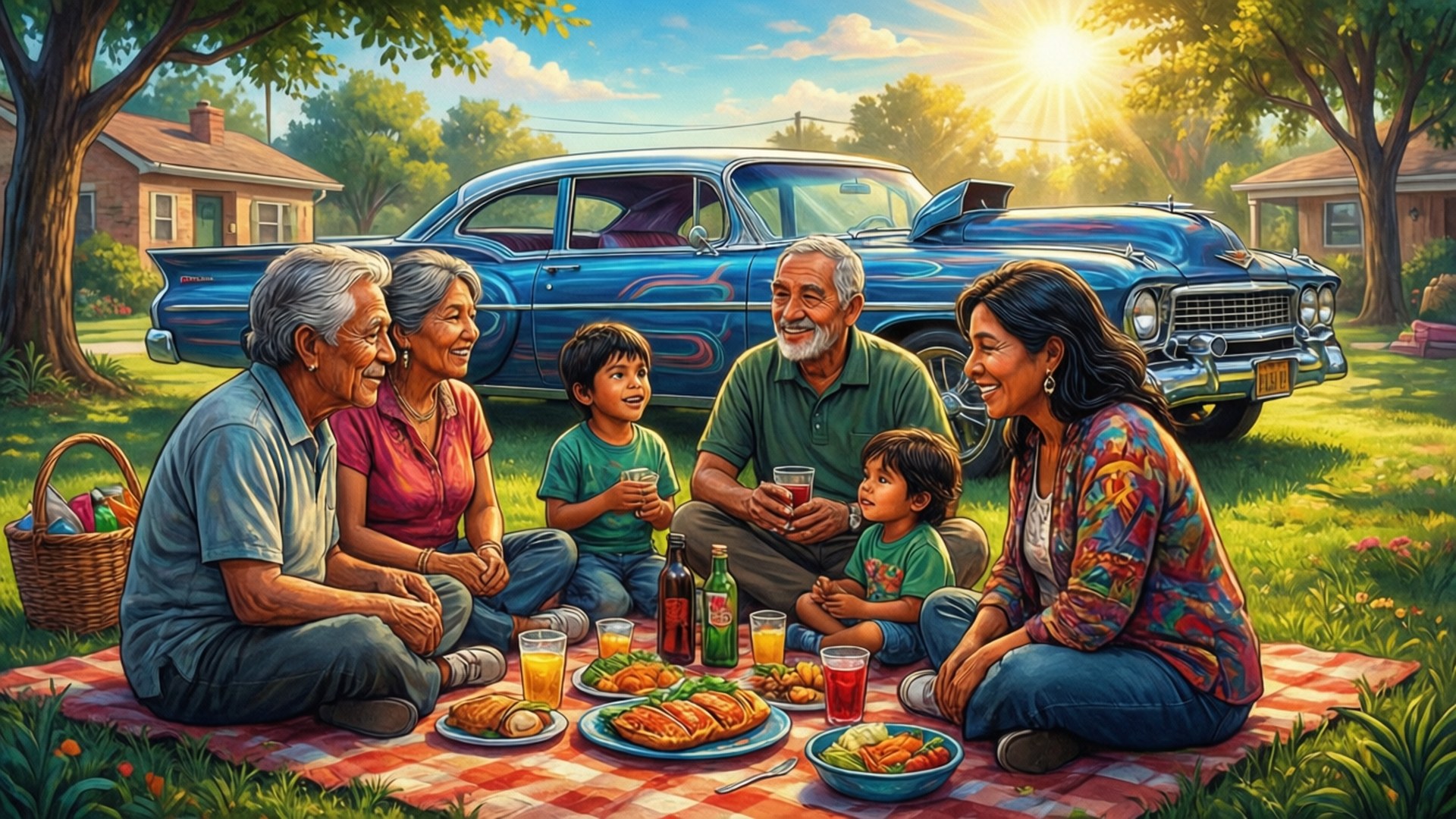 Chicano Family Picnic Mural 壁紙 — 一個多代家庭在紅白相間的毯子上享受陽光明媚的野餐，身後停著一輛復古藍色汽車。