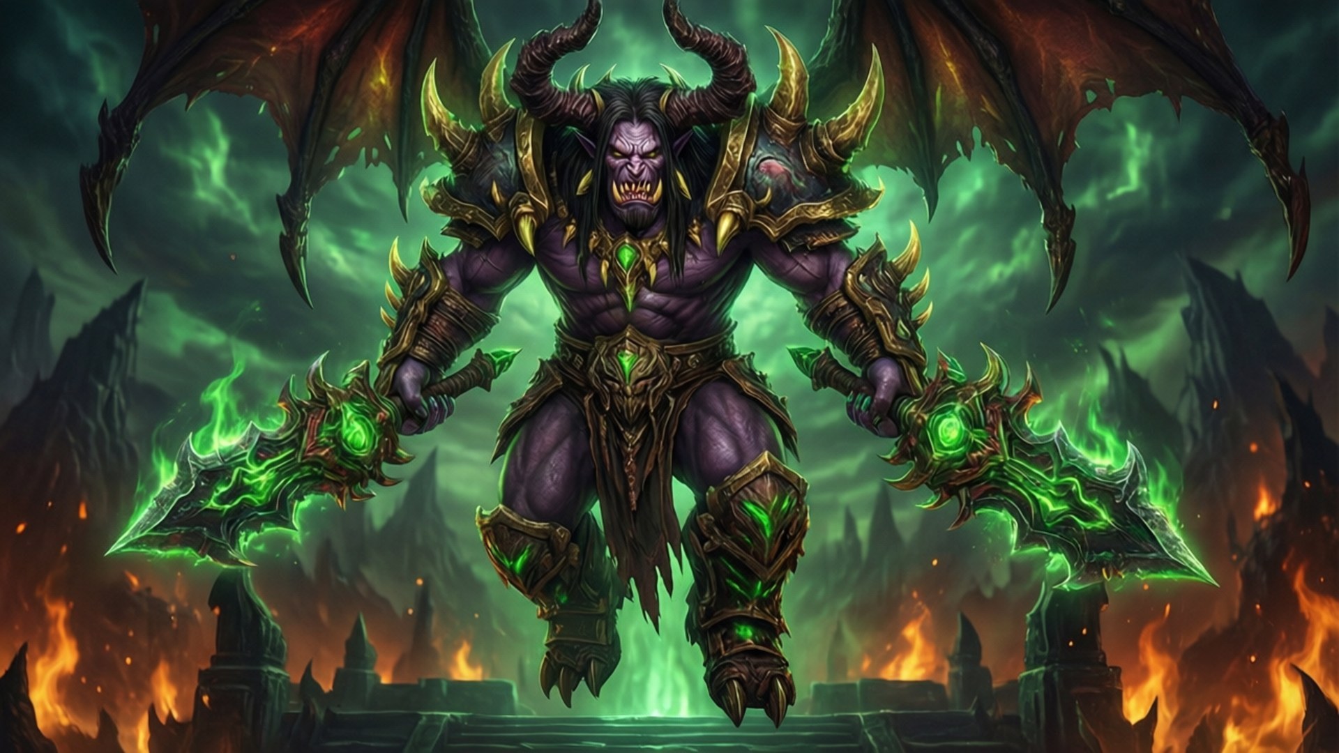 Betrayer's Wrath 壁紙 — 一個惡魔般的紫色皮膚軍閥，頭上有角，背有蝙蝠翅膀，在烈火末日背景下揮舞著發光的綠色刀刃。