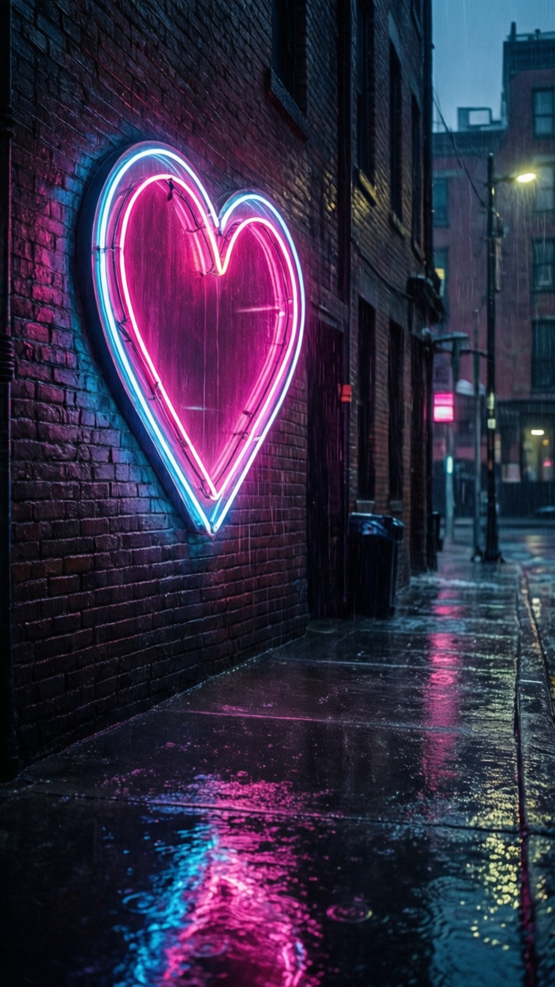 Neon Heart Alley 壁紙 — 一個發光的粉紅色和藍色霓虹心形標誌在夜間生動地反射在磚砌建築旁邊的潮濕路面上。