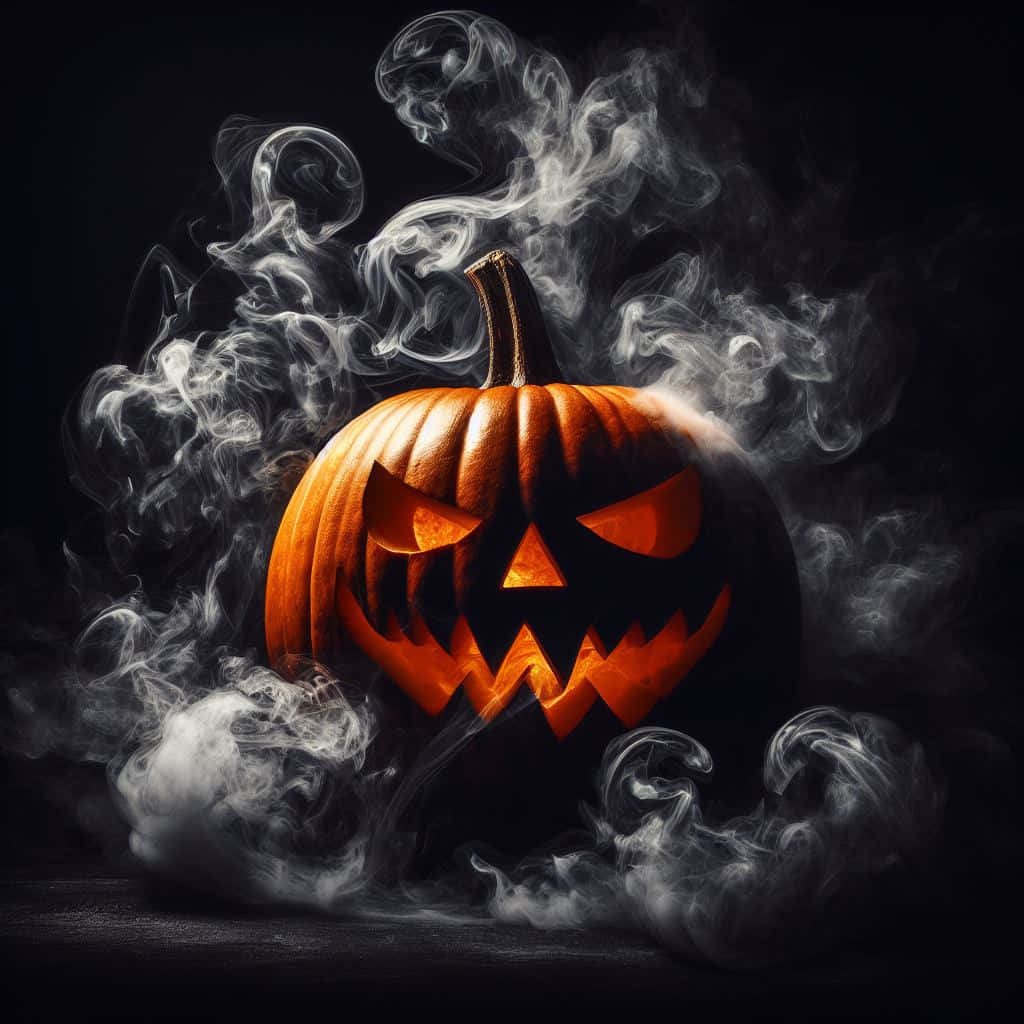  壁紙 — 一個發光的傑克南瓜燈，帶著猙獰的笑容，在黑暗的背景中噴出旋轉的煙霧。