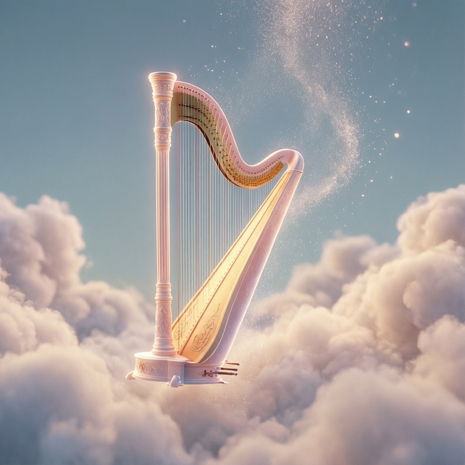 Heavenly Harp 壁紙 — 一個發光的金色豎琴漂浮在蓬鬆的雲朵之上，閃爍的粒子向上飄入柔和的藍天。