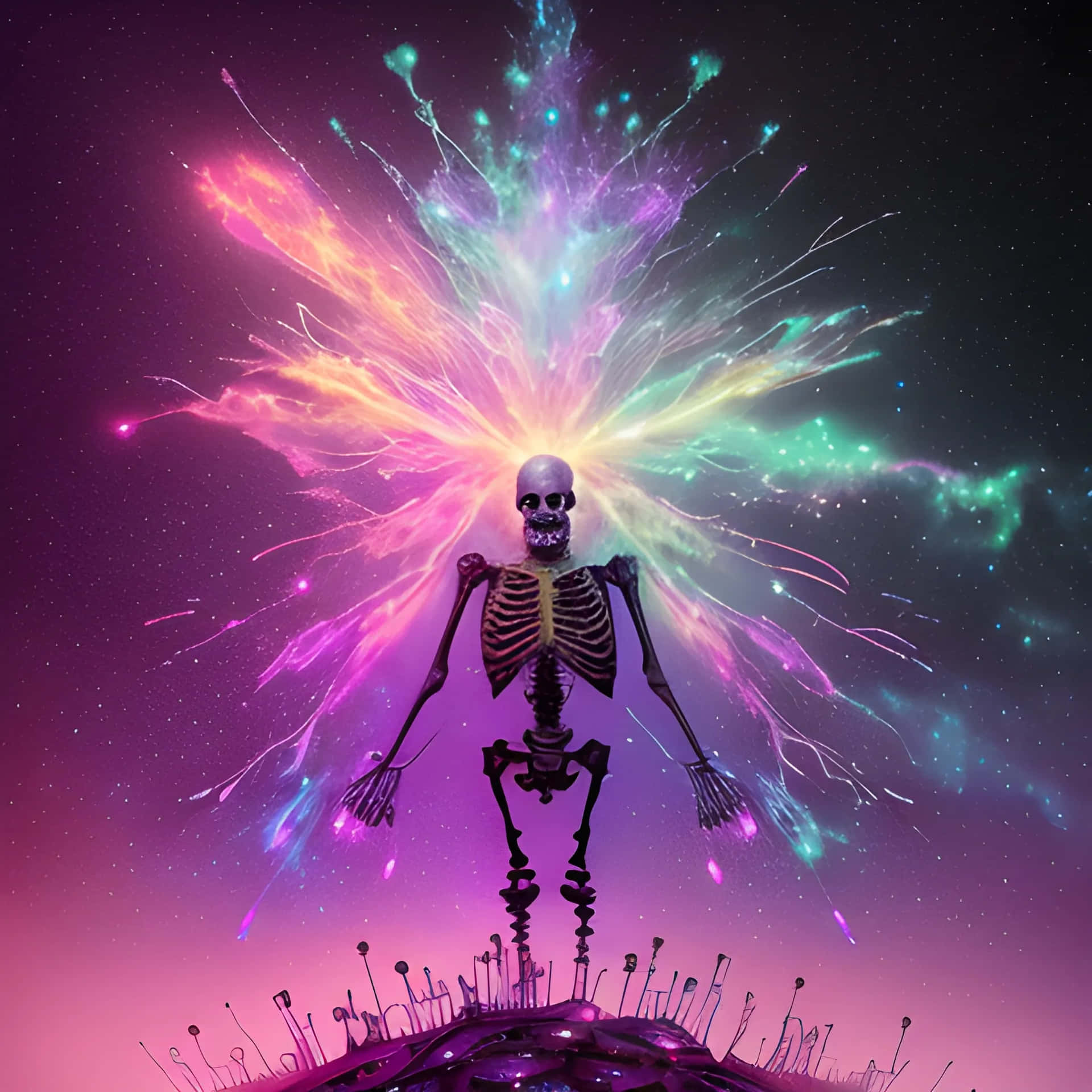  壁紙 — 一個發光的骷髏在繁星點點的紫色和粉紅色星雲天空中散發出充滿活力的宇宙能量。