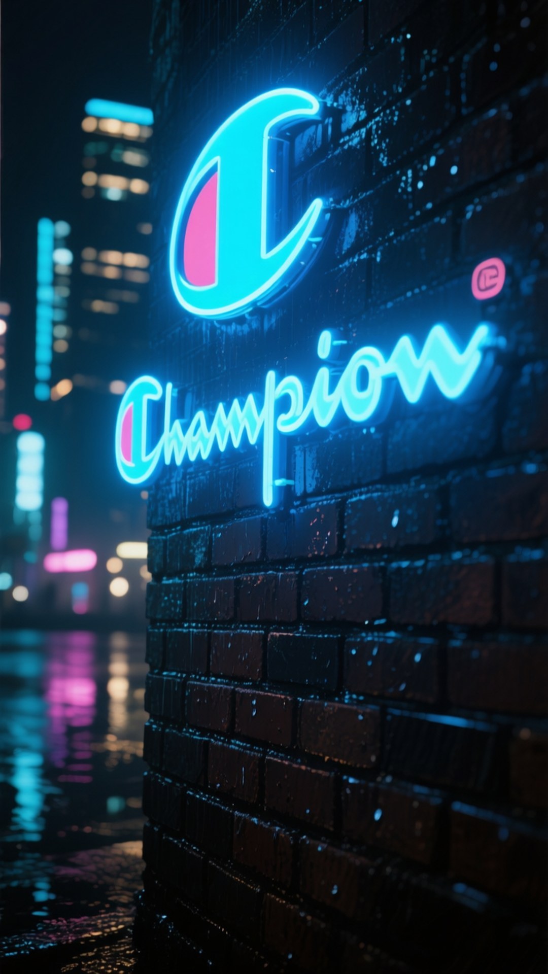 Neon Champion Logo Alley 壁紙 — 一個發光的藍色和粉紅色Champion霓虹標誌照亮了濕漉漉的磚牆，背景是模糊的城市夜景。