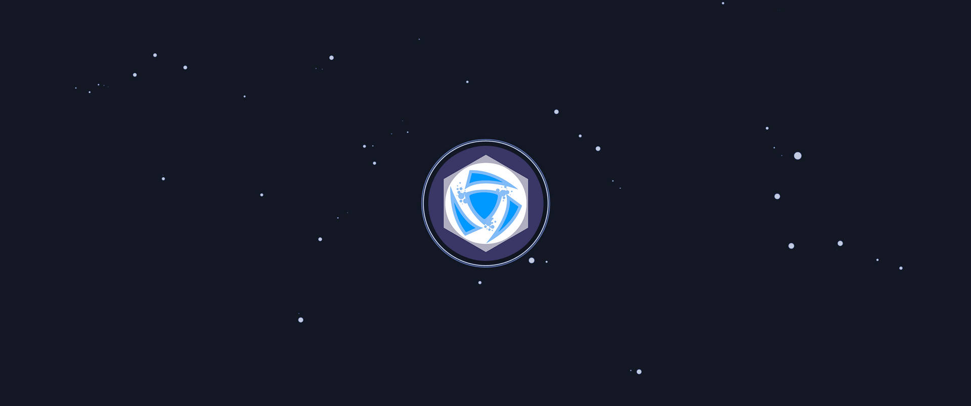 一個藍色六邊形盾牌圖示漂浮在繁星點點的夜空中。 — 3440X1440 壁紙